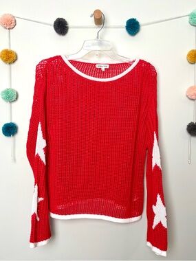 Main Strip Red Star Sleeve Open Knit Pullover Sweater